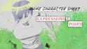 create detailed anime character reference sheet expressions poses