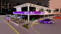 render3d service station with solar panel exterior,rooftop panel layout,car park