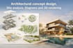 create architectural concept design, site analysis, diagrams and 3d rendering
