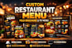 design custom restaurant menu, flyers, brochure, and TV menu