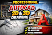 create professional autocad 2d drawing and 3d designs