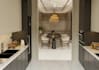 convert 2d plan into 3d modern kitchen interior render, dinner furniture layout