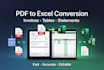 convert PDF invoices, tables, and statements into excel