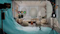create realistic 3d podcast studio design, recording studio, TV streaming studio