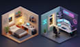 model 3d low poly isometric environment, interior and exterior in blender