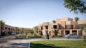 model row house development, real estate property, townhouse exterior rendering