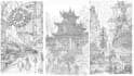 draw a detailed fantasy architecture ink illustration