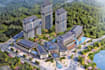 3d waterfront hotel complex, mixed use  commercial tower, urban cityscape render