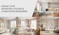 do bathroom, kitchen, living room interior design, 3d model and rendering