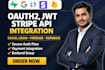 integrate oauth2, jwt, social login, stripe API, firebase and supabase backend