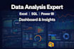data analysis, excel, sql, python and power bi dashboard