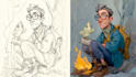 sketch, outline and color cartoon illustrations