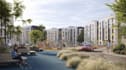 large 3d residential complex,community playground,tract housing,suburbia render