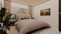 design a cozy modern bedroom interior with realistic 3d rendering