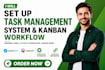 set up task management system, kanban workflow,meistertask,taskade integration