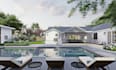 do landscape backyard design, 3d rendering,  pool, patio, pergola, garden design