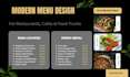 design a modern luxury restaurant menu with 3 color options