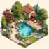 design backyard, pool, patio, outdoor landscape 2d rendering