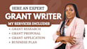 do grant research, grant proposal, grant application, and business plan