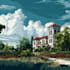 draw a building, landscape into vector art illustration