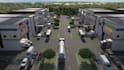 design 3d industrial park, logistic warehouse, facility park, parking space