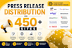 do press release distribution on 450 sites, submit press release