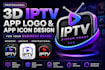 do 3d iptv app logo, app icon design for business brand
