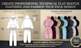 create professional  technical flat sketch clothing and fashion tech pack design
