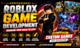 create custom roblox game ugc, develop roblox game character, game map building