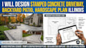 design stamped concrete driveway, backyard patio, hardscape plan illinois
