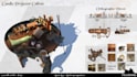 design game prop concept art with orthographic sheets and 3d blockout