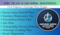 site plan, topographic survey drawings, drainage grading plan, road alignment