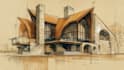 sketch architecture building with watercolor rendering