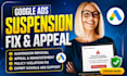 fix suspended google ads account, policy error and setup shopping ads