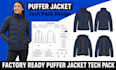 create a manufacturer ready puffer jacket tech pack with flat sketches and bom