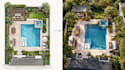 design backyard, pool and outdoor living space with realistic 3d lighting render