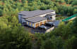 build 3d modern forest house,stone facade, elevated deck, retaining wall,cgi art