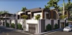 revisualize modern villa, facade landscape, built home plan, detached residence