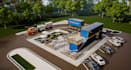 design uk container office, cafe, facade, hardscape, night render