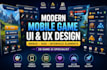 design modern mobile game UI and UX, game menus hud, interface elements, 2d game