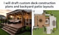 draft custom deck construction plans and backyard patio layouts