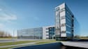 render realistic 3d glass office building facade,  landmark workspace facility