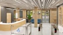 realistic cgi render for office interior layout, reception lobby 3d visual, cafe