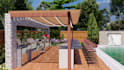 design an outdoor living space with kitchen, BBQ and pergola