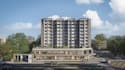 visualized mixed use building,mutil story apartment, external render,streetscape