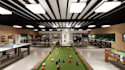 render 3d gym interior layout,indoor golf simulator design,padel court 3d visual