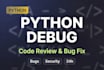 review and debug your python code find bugs and security issues