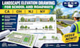 provide ca, oh, nj, ny, landscape elevation drawing for school and roadways