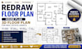 redraw floor plan, house plan, 3d floor plan for real estate agent