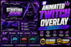 create animated twitch stream overlay, logo, alerts, panels